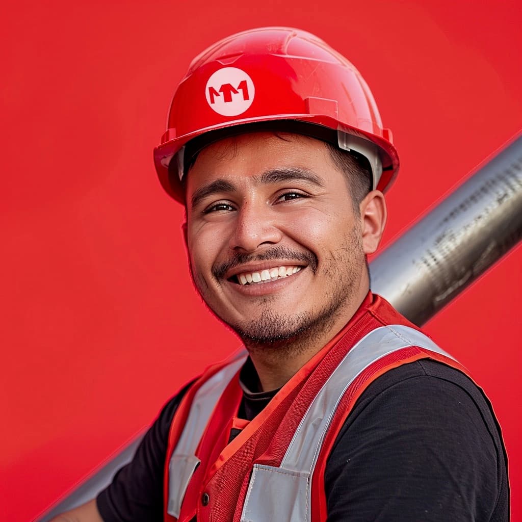 Trabajador de MMTubería sonriente con casco, representando el compromiso y la experiencia del equipo en la producción de tuberías de acero.