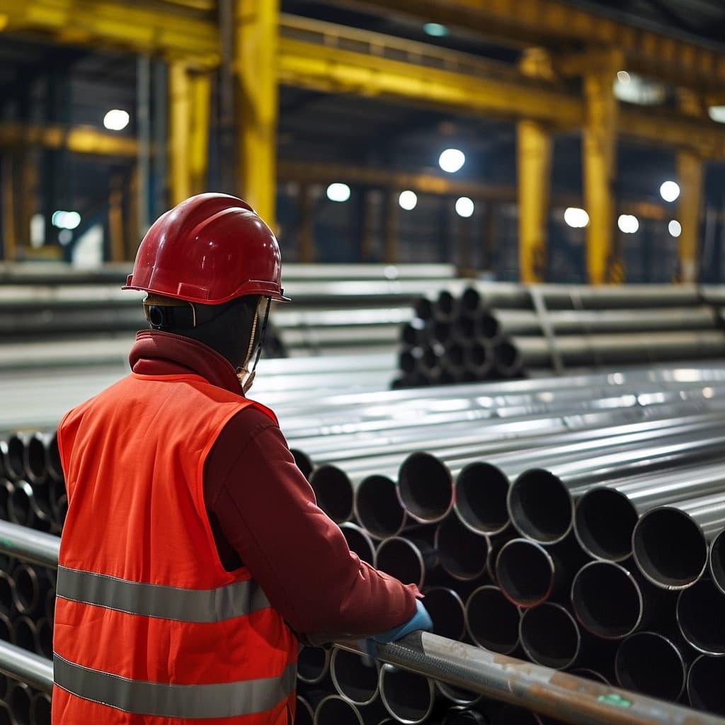 Empleado de MMTubería en una planta de producción, supervisando el inventario de tuberías de acero listas para su distribución.