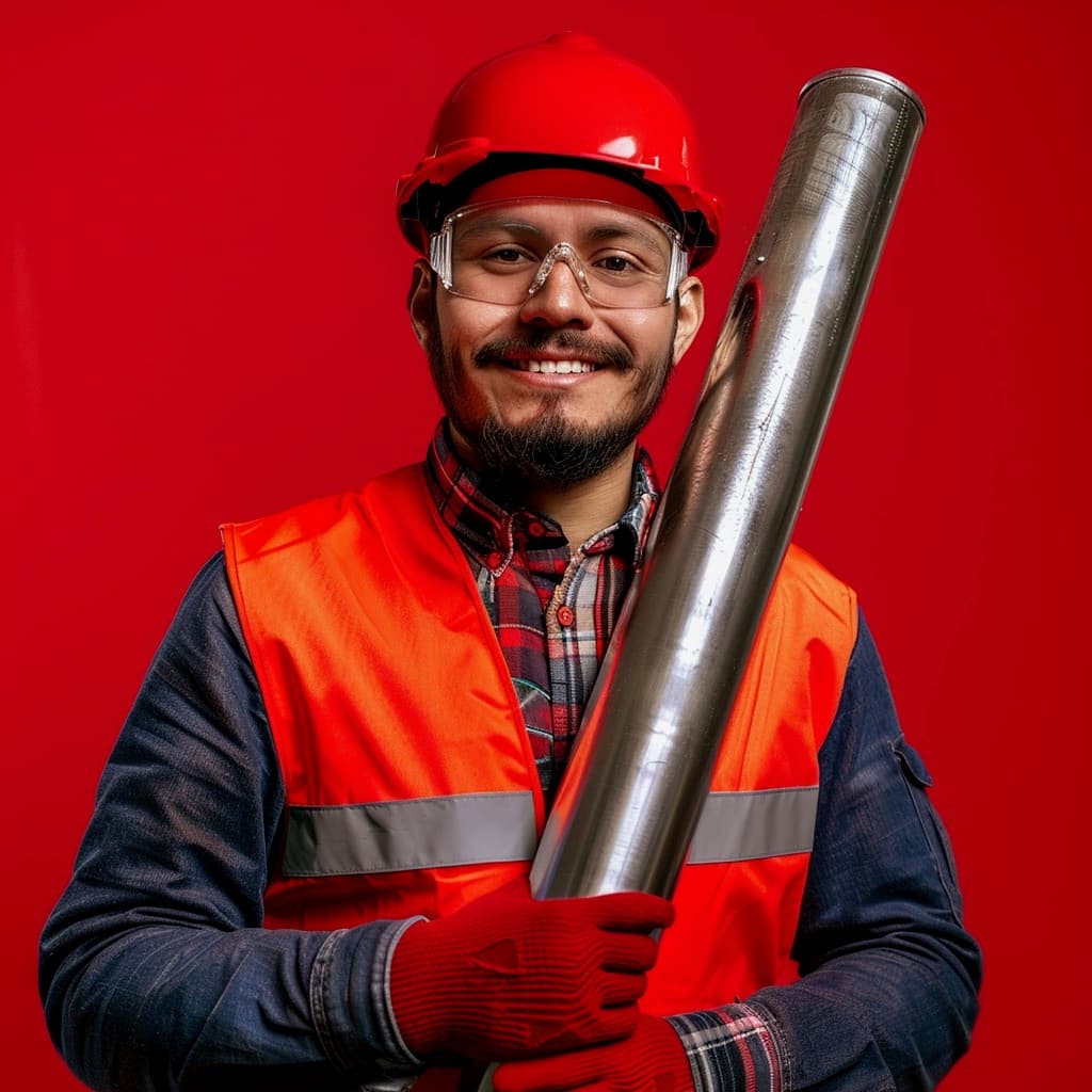 Trabajador de MMTubería sosteniendo una tubería de acero, mostrando el compromiso con la durabilidad y el control de calidad en el proceso de fabricación.