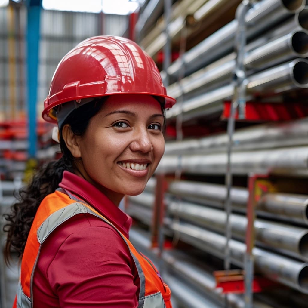 Trabajadora sonriente con casco en una planta de fabricación, representando el equipo humano especializado que respalda la calidad de MMTubería.