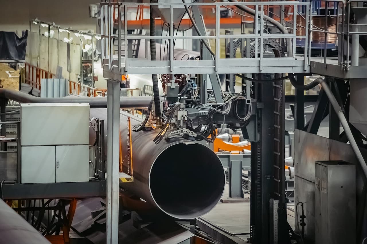 Tuberías industriales de acero en una planta de producción, destacando el proceso de fabricación preciso de MMTubería.