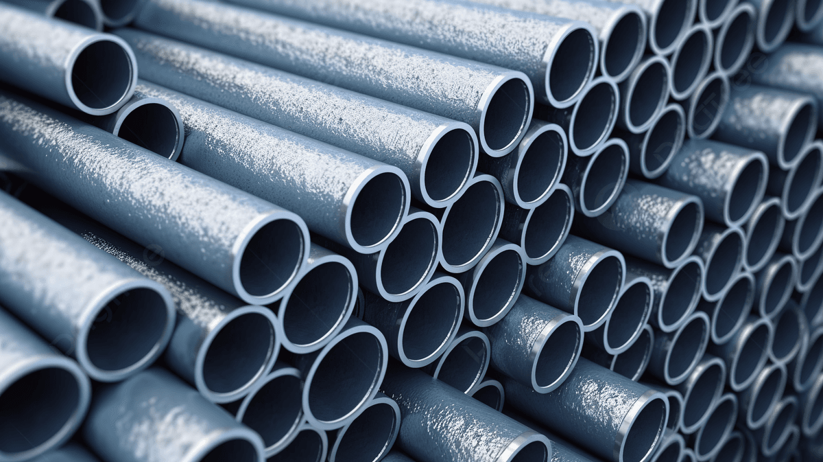 Montón de tuberías de acero galvanizado aseguradas con cuerdas blancas, listas para distribución, resaltando la eficiencia logística y la amplitud del alcance nacional de la empresa.