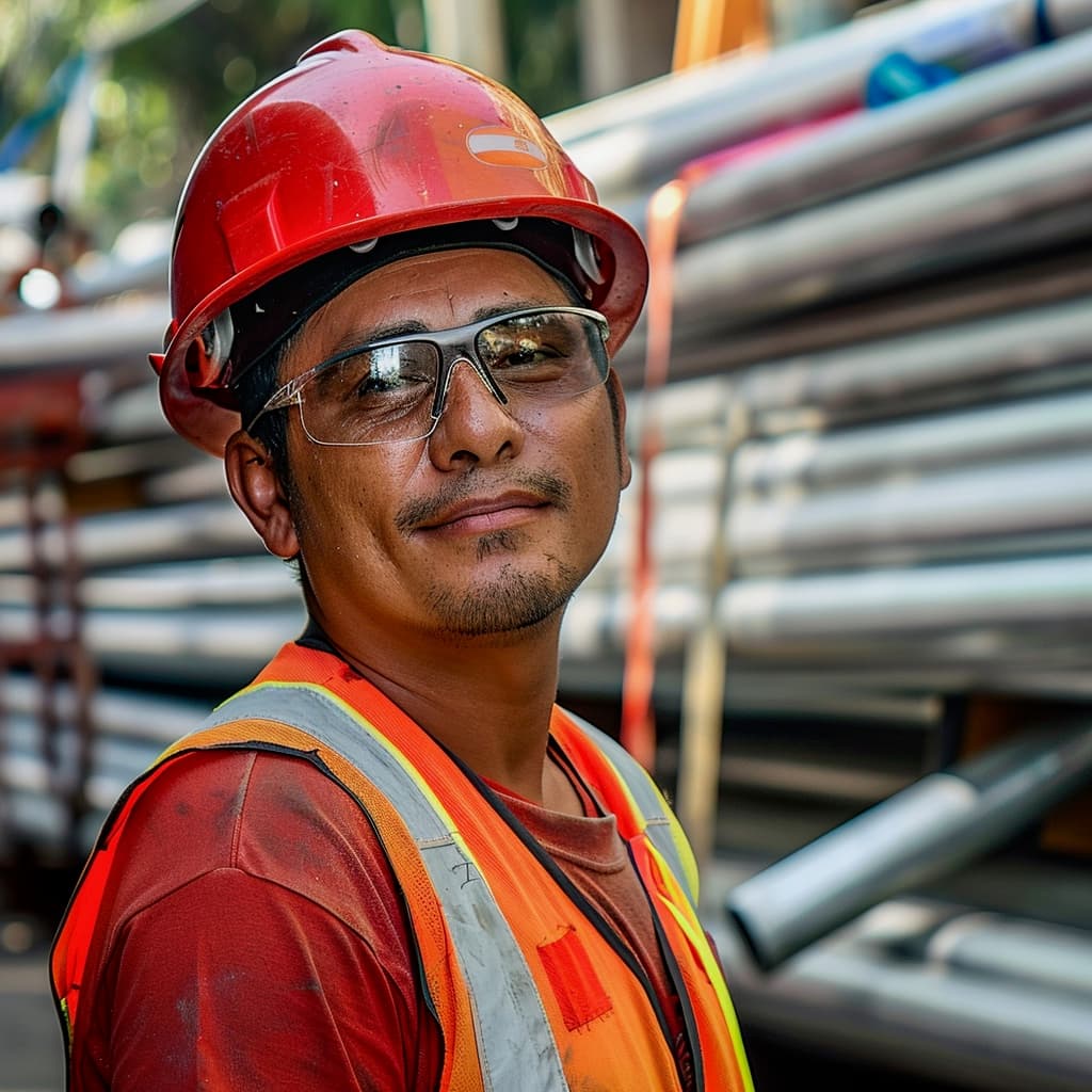 Trabajador sonriente con casco y gafas de seguridad frente a pilas de tuberías, simbolizando la dedicación y la calidad en el trabajo de MMTubería.