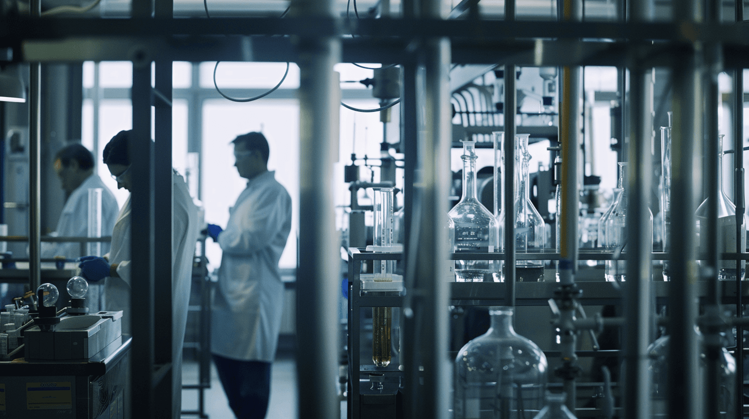 Interior de un laboratorio químico con científicos trabajando entre múltiples piezas de vidrio y tuberías de metal, reflejando un entorno de investigación y desarrollo de alta tecnología.