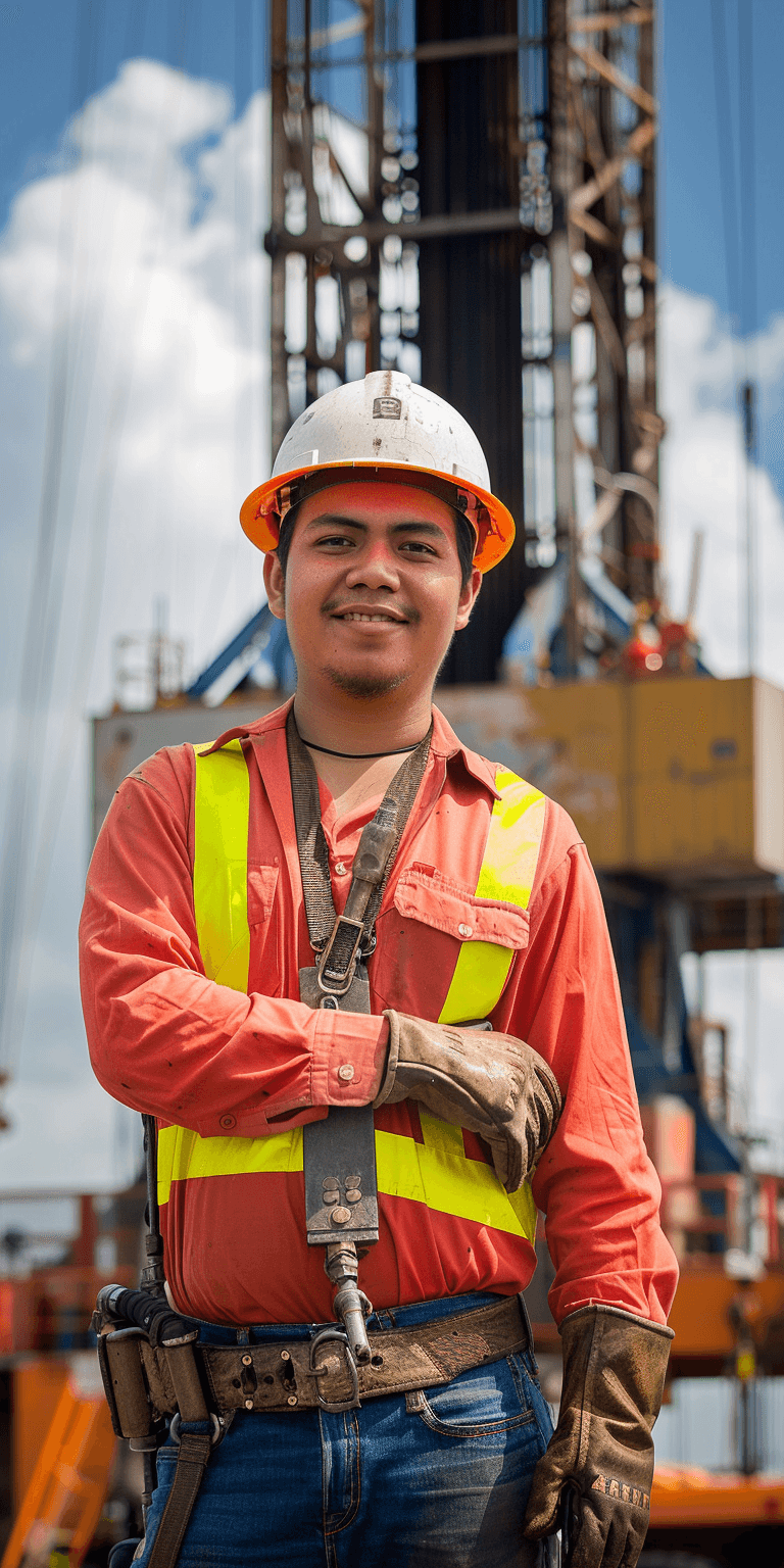 Trabajador sonriente con casco y chaleco reflectante en un sitio industrial, representando la seguridad y el profesionalismo en el sector de la construcción.