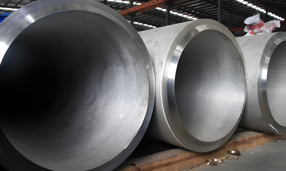 Tuberías de acero inoxidable amarradas con bandas amarillas y negras, listas para la distribución, ilustrando la organización y la preparación para proyectos de construcción grandes.